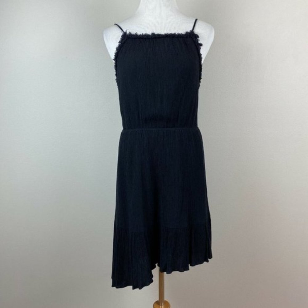 BCBGeneration Mini Dress S Black Gauze Crinkle Fray Trim Sleeveless Asymmetrical